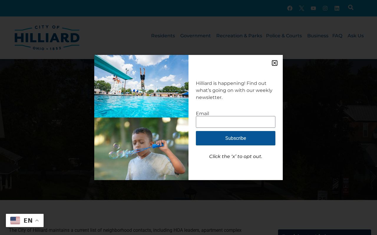 Hilliard neighbors neighborhood contacts city communication form