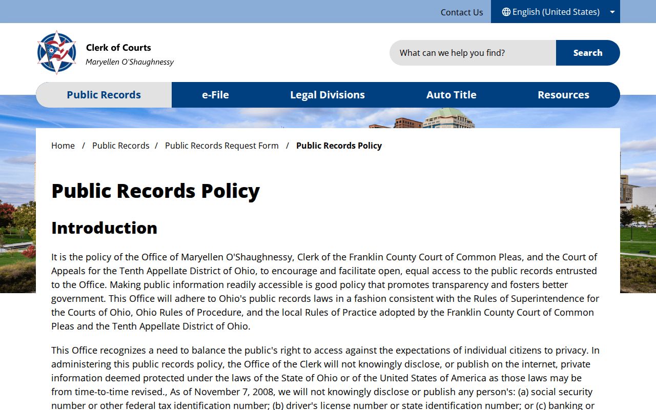 Hilliard previous residents source showing Franklin County Clerk public-records policy