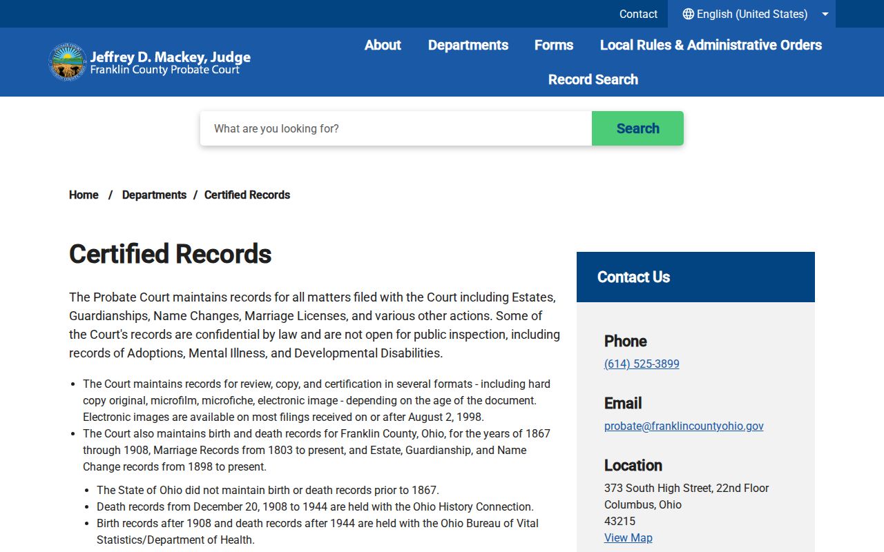 Hilliard previous residents source showing Franklin County Probate certified-records access