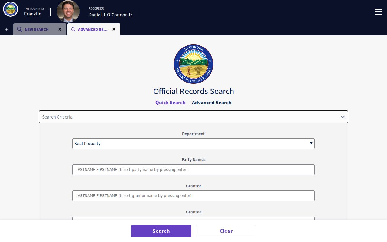 Hilliard previous residents source showing Franklin County Recorder advanced search fields