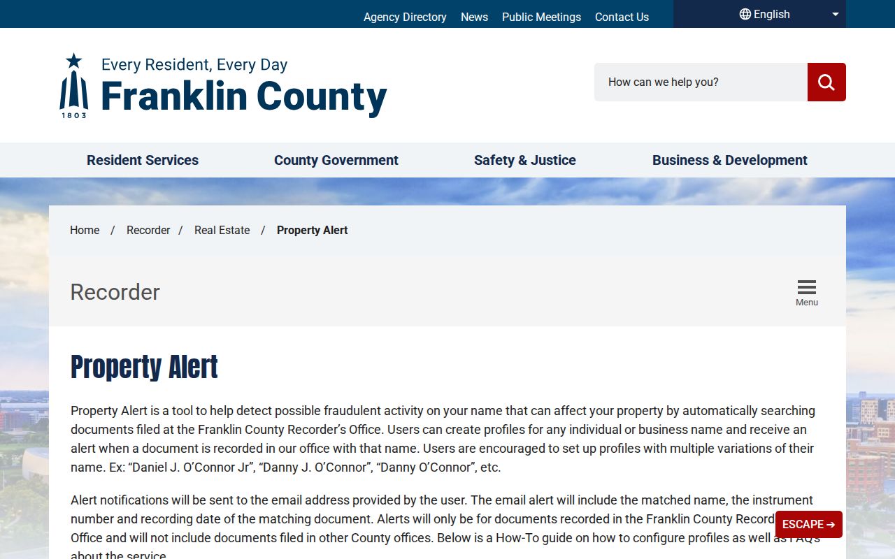 Hilliard street directory source showing Franklin County Recorder Property Alert information