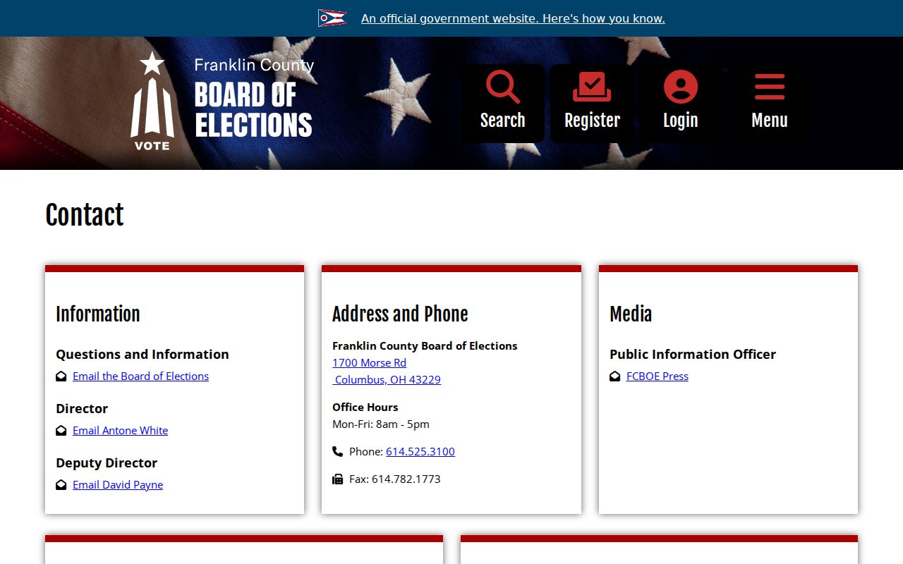 Hilliard ZIP-code-directory screenshot of Franklin County elections contact information