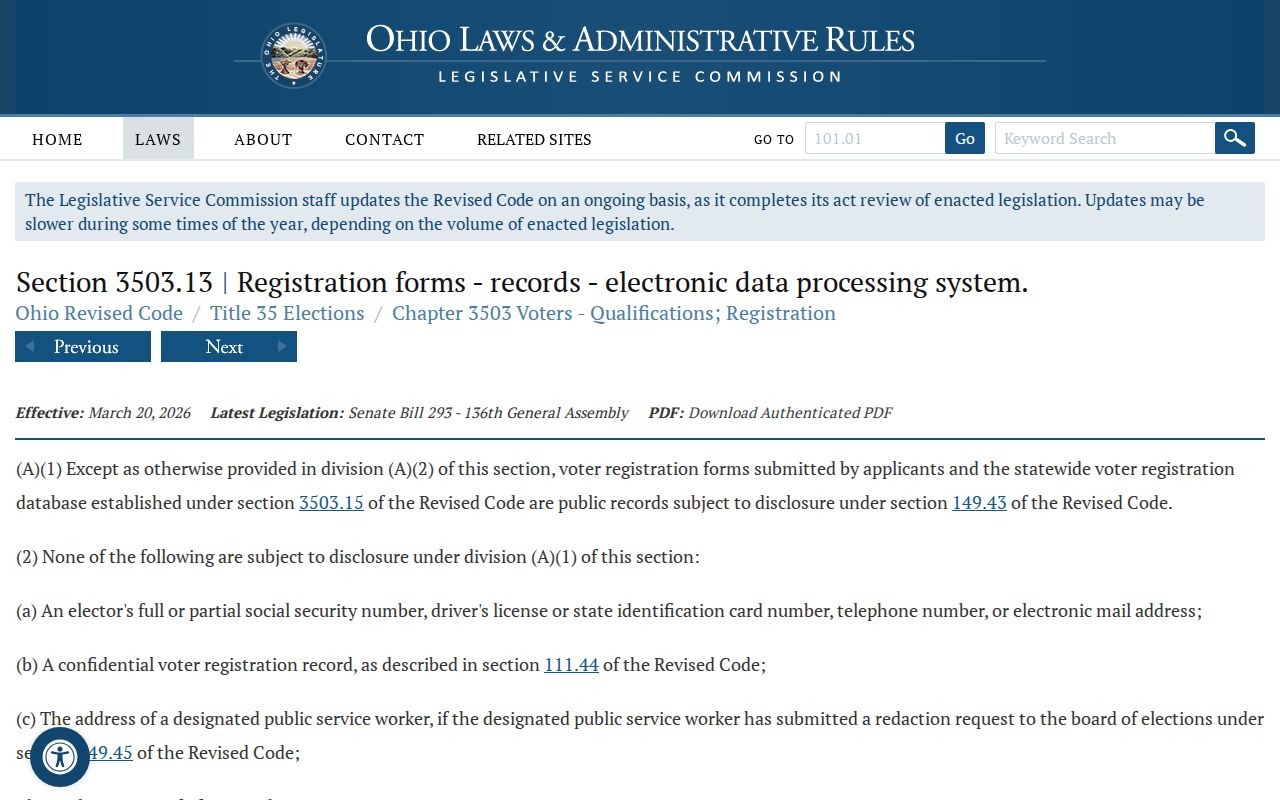 Hilliard ZIP-code-directory screenshot of Ohio voter registration law